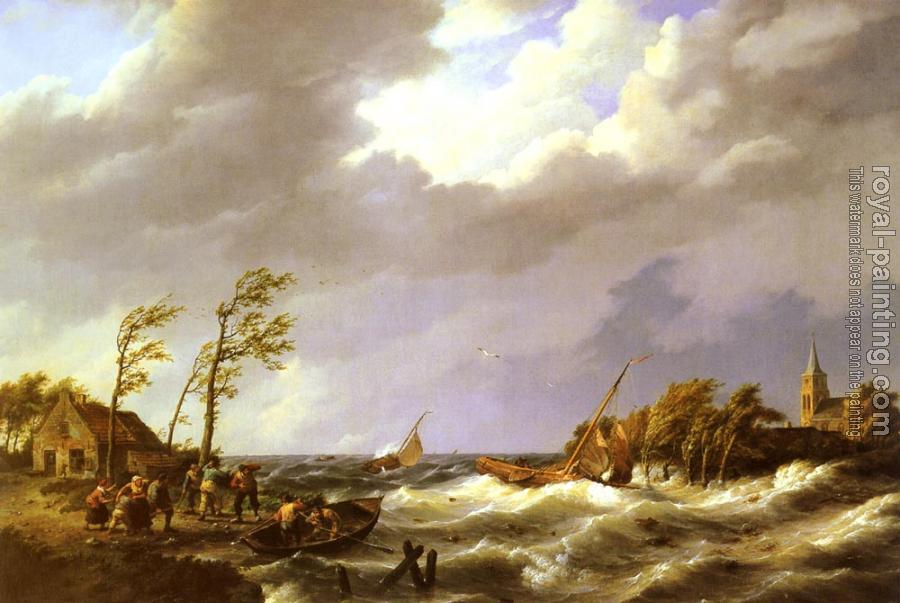 Johannes Hermanus Koekkoek : Dutch fishing Vessel caught On a Lee Shore With Villagers